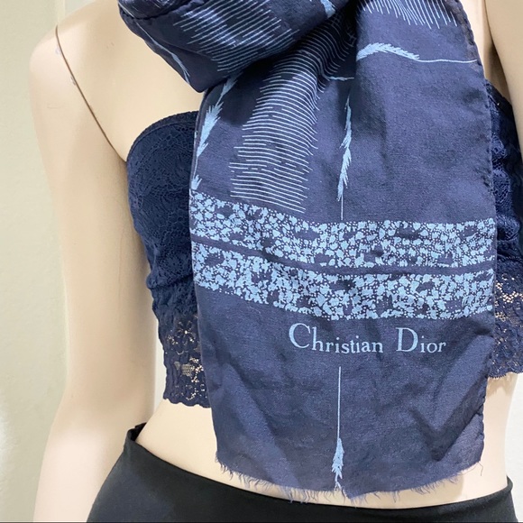 Vintage Christian Dior Navy Printed Raw Hem Scarf - Picture 5 of 10